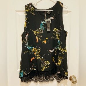 NWT Worthington size XXL Black Floral Sleeveless Top with Lace Hem